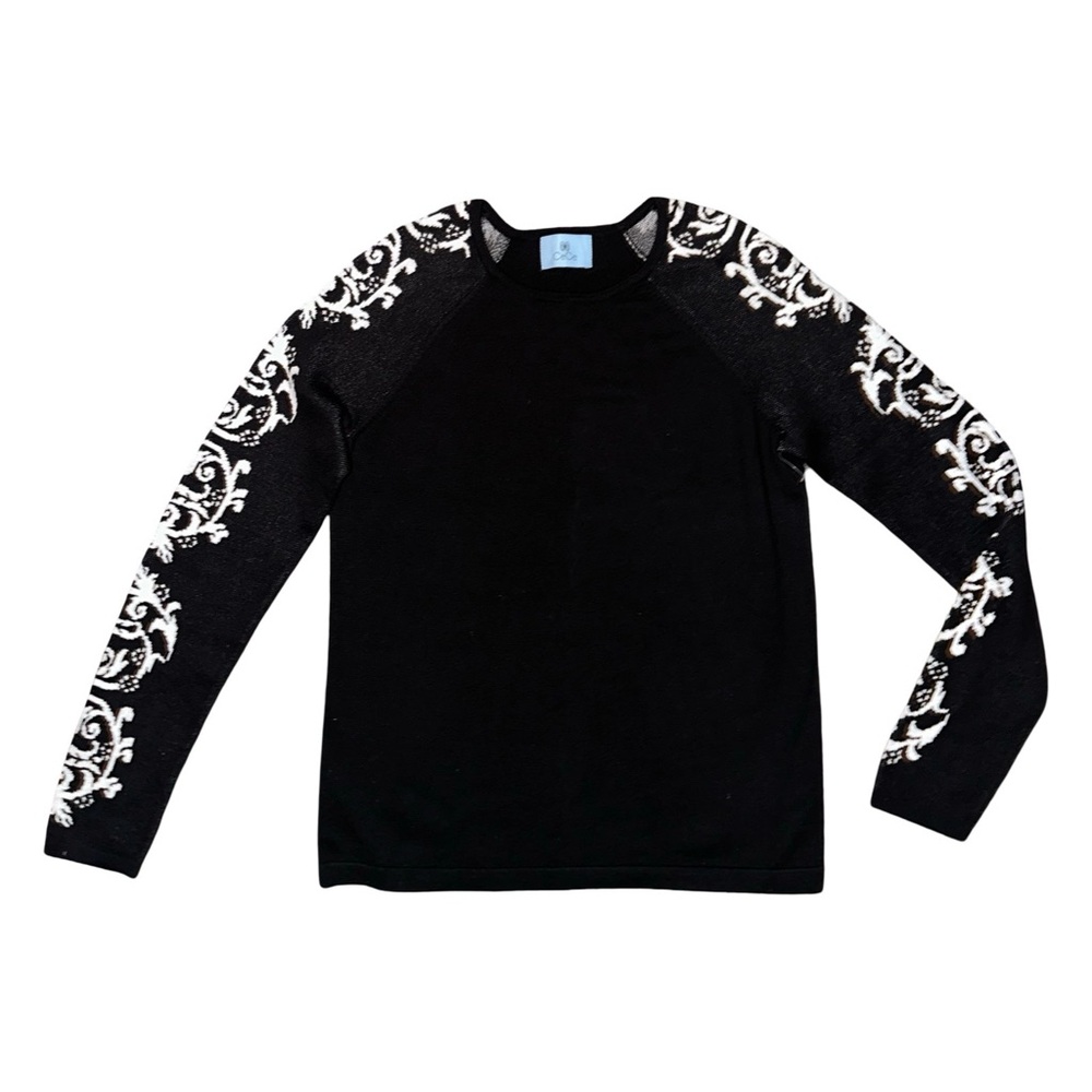 Cece Black Long Sleeve Sweater with White Paisley Sleeve Intarsia